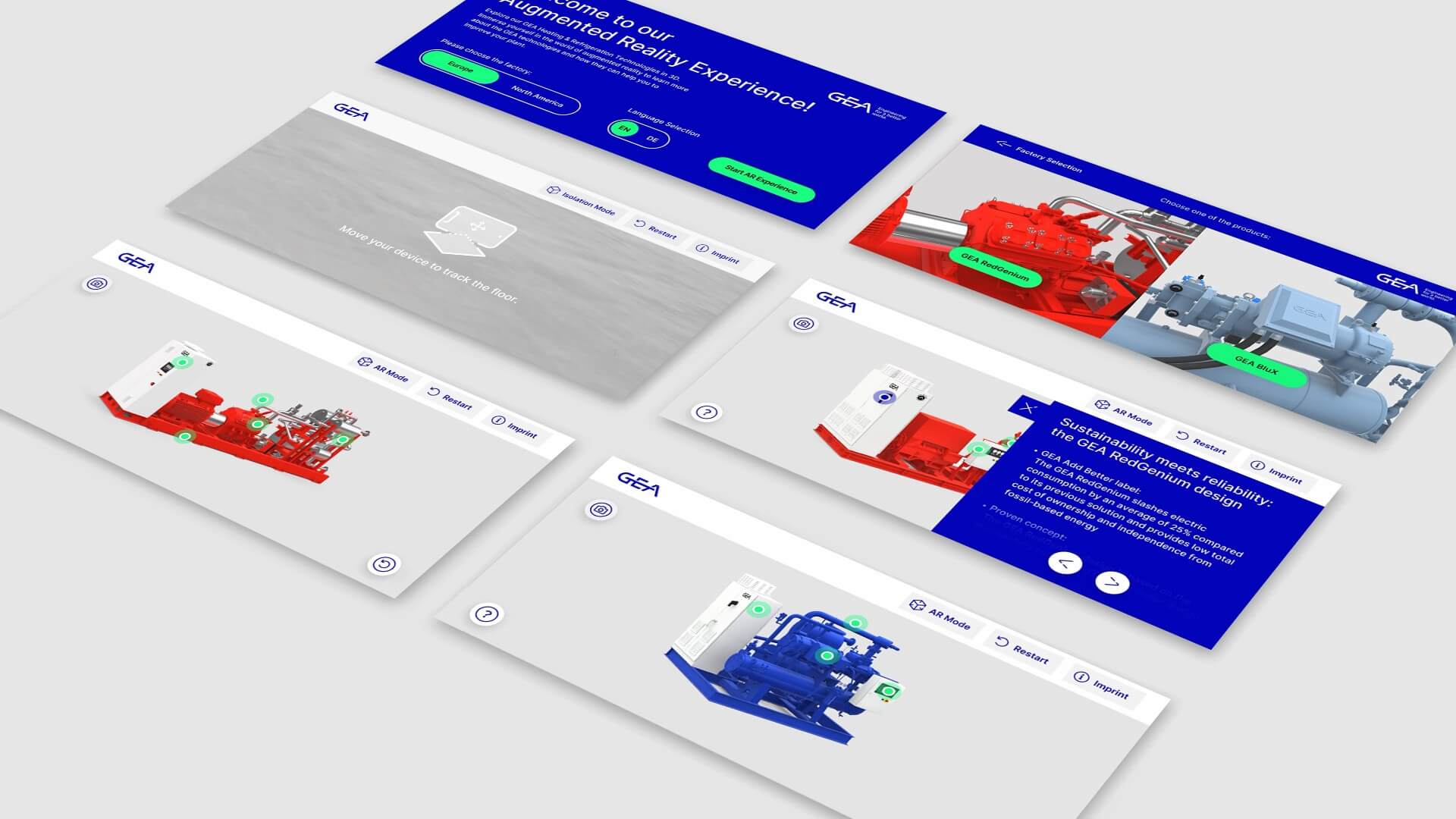 Mockup mit 6 Smartphone Screens der GEA HRT AR App